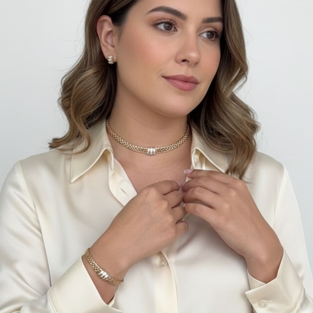 Conjunto Brinco e Colar corrente relógio de listras cravejados