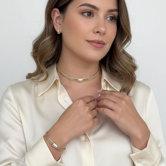 Conjunto Brinco e Colar corrente relógio de listras cravejados