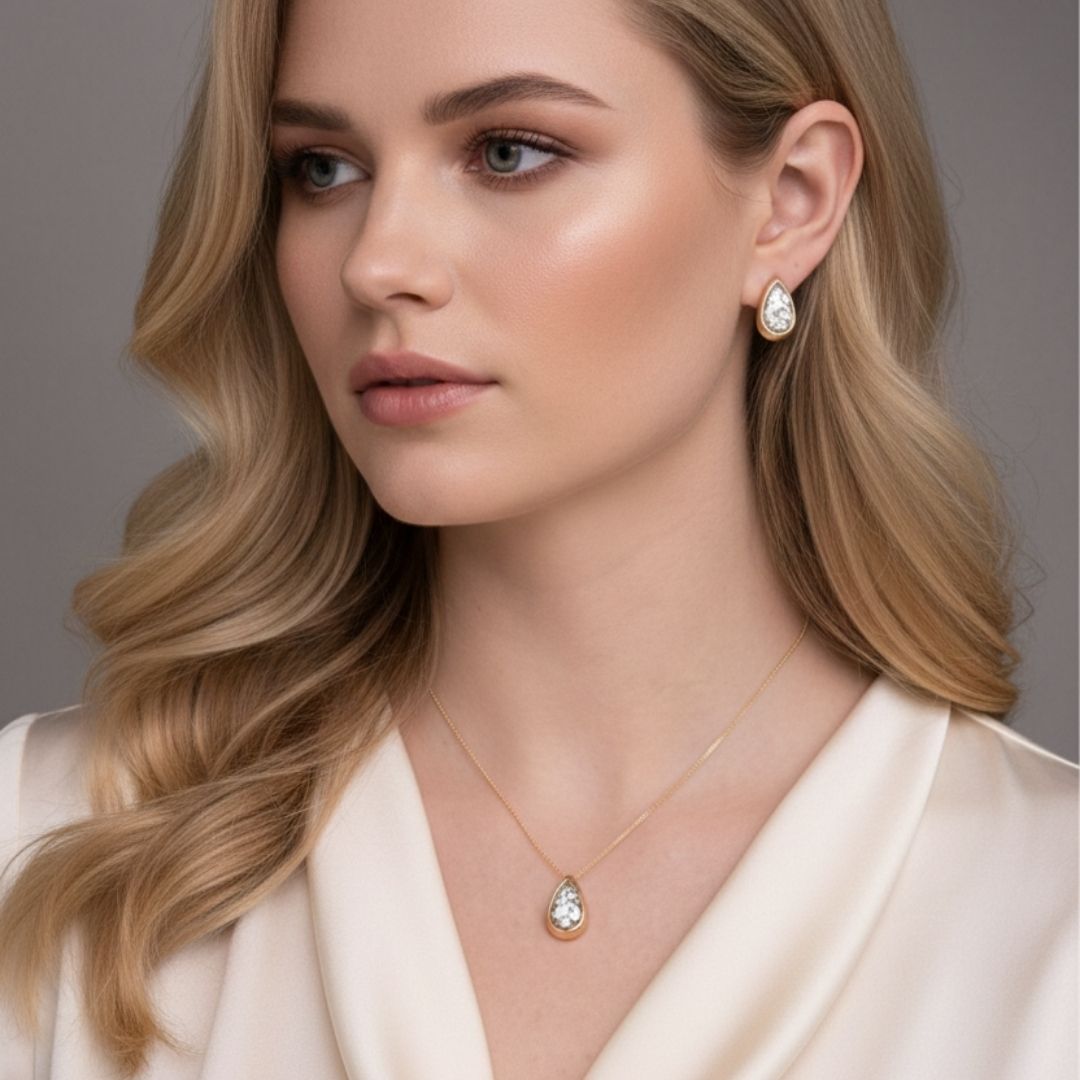 Conjunto brinco e Colar Gota Ouro e Ródio Martelado