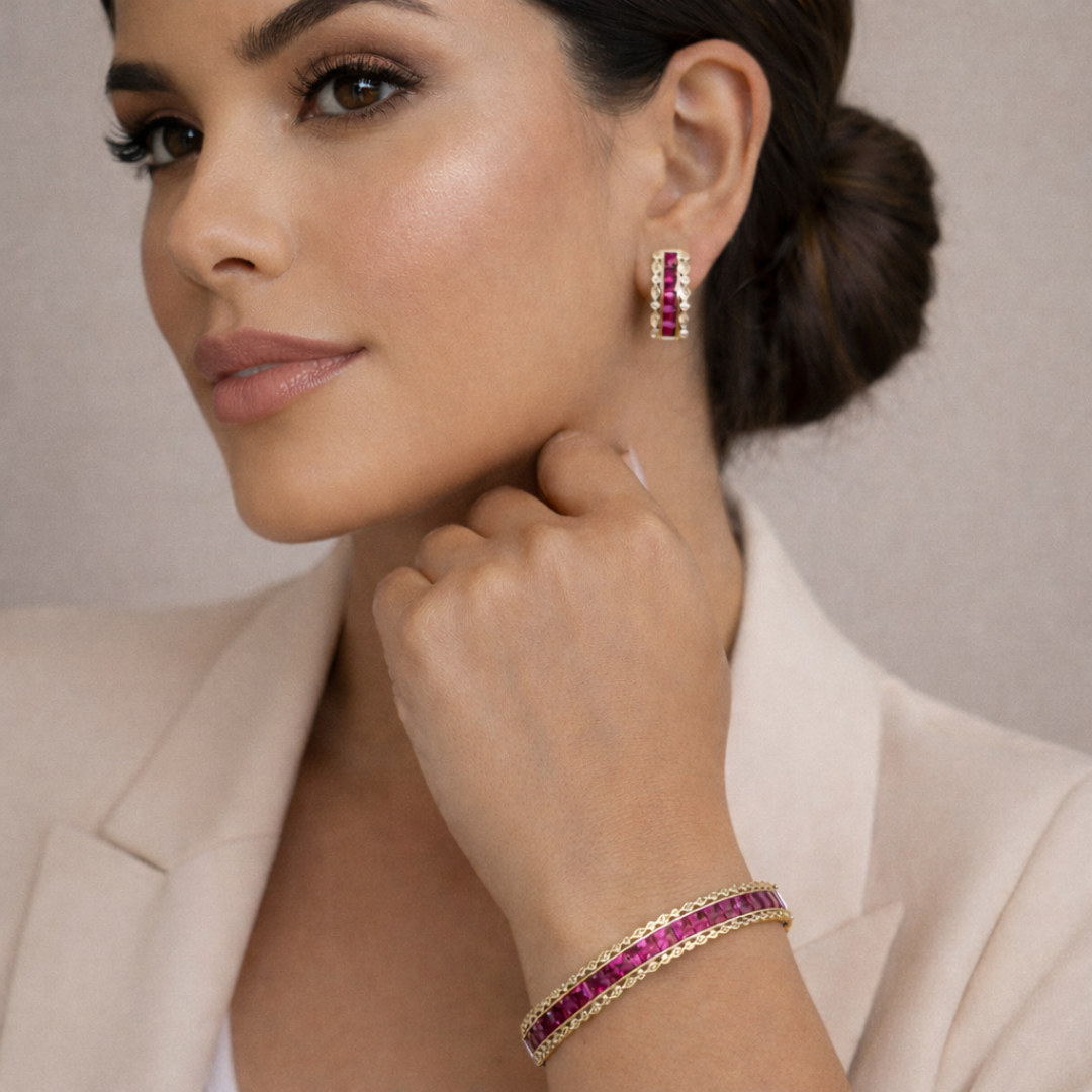 Brinco Pedras Pink retangular