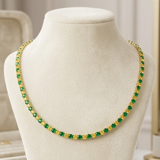 Colar Rivieira Verde e Amarelo 4 pontas, 3mm cada pedra, banho ouro 18K
