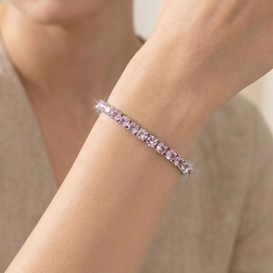 Pulseira ródio branco de rivieira 4 pontas na cor rosa claro