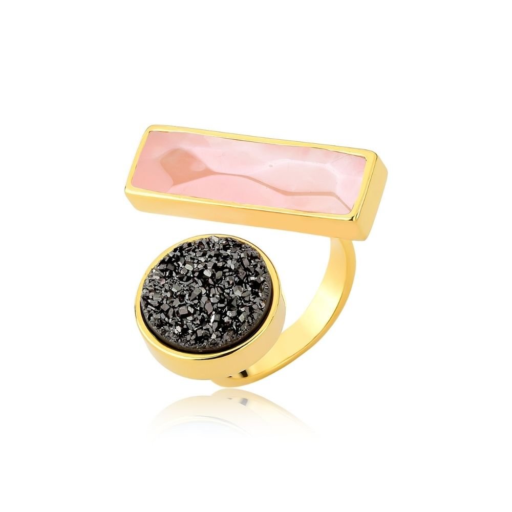 ANEL CONVICTA, DRUZA NEGRA E QUARTZO ROSA