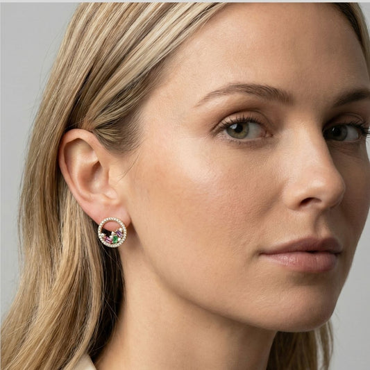 Brinco Delicado Redondo Pedras coloridas Quentes