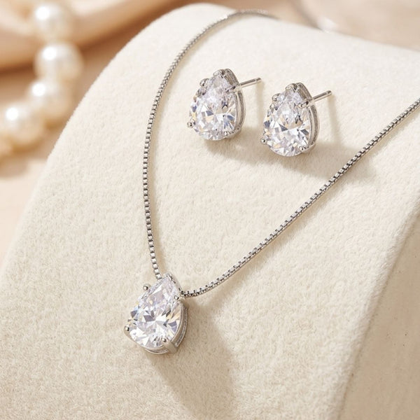 Conjunto brinco e Colar Gota, Banho Ródio Branco