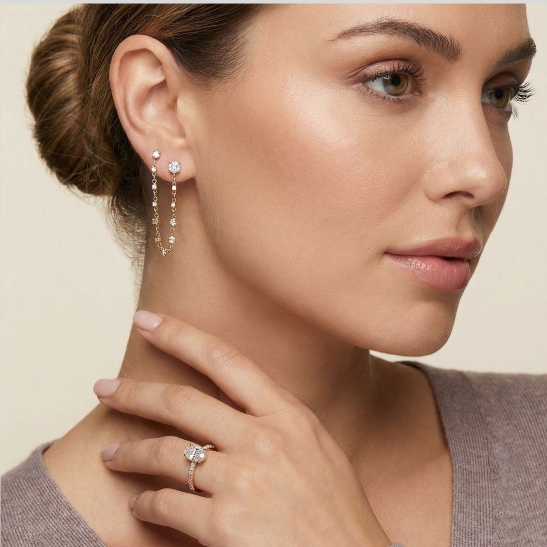 Brinco Duplo Correntinha Pontos Cristais