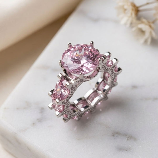 Anel Luxo Pedras Rosa e Cravejado Ródio Branco