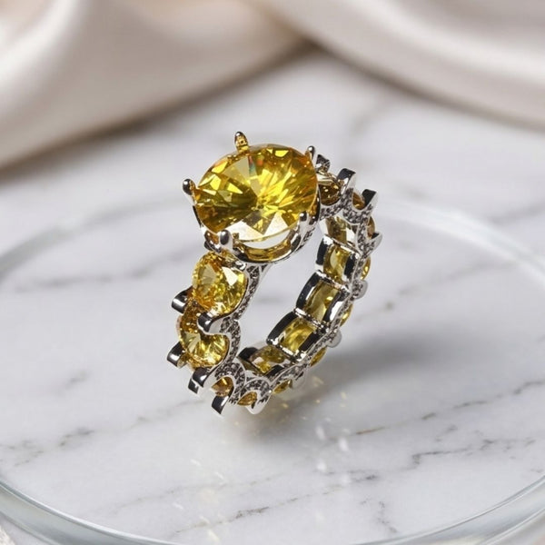 Anel Luxo Pedras Amarelo Diamantado e Cravejado, Banho Ródio Branco