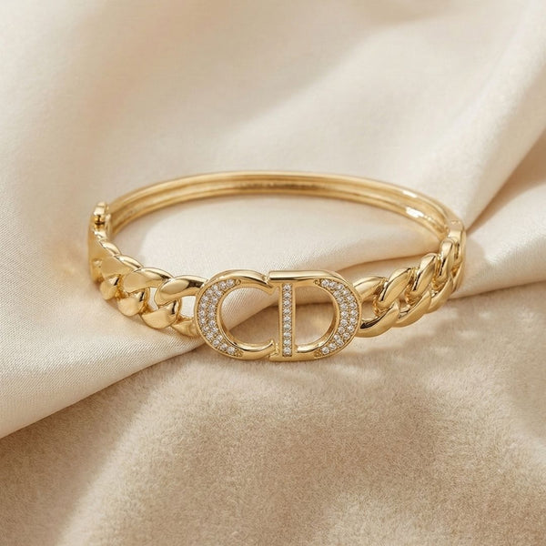 Bracelete ouro 18K de elos com CD cravejado de zircônias