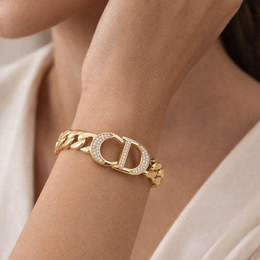 Bracelete ouro 18K de elos com CD cravejado de zircônias
