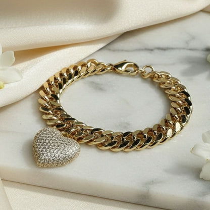 Pulseira ouro 18K de elos com pingente de coração pendurado