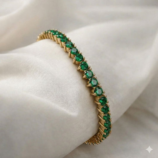 Pulseira ouro 18K de rivieira 3 pontas na cor Verde Esmeralda