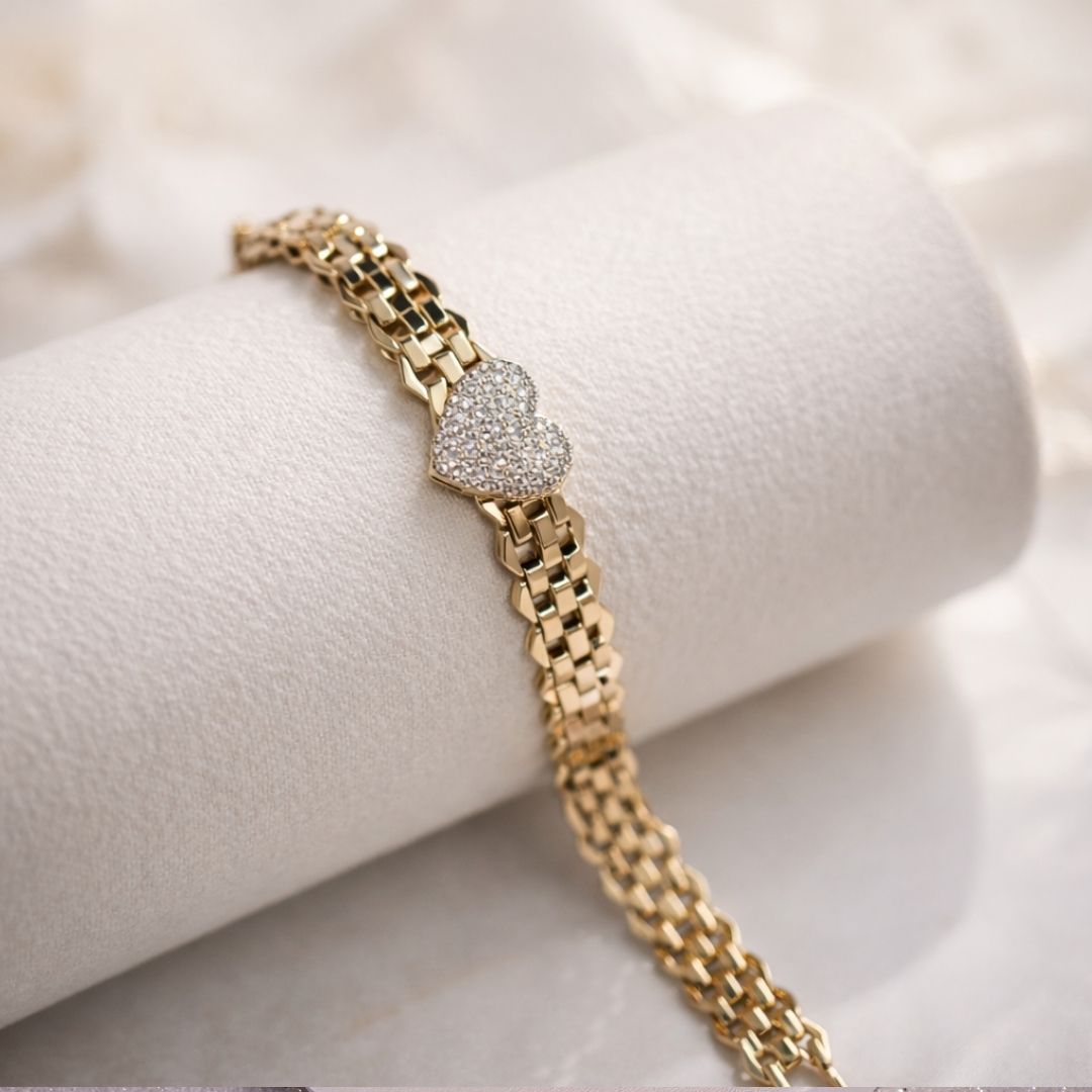 Pulseira elos relógio com coração cravejado