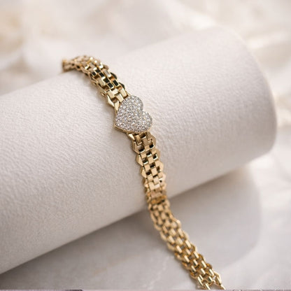 Pulseira elos relógio com coração cravejado