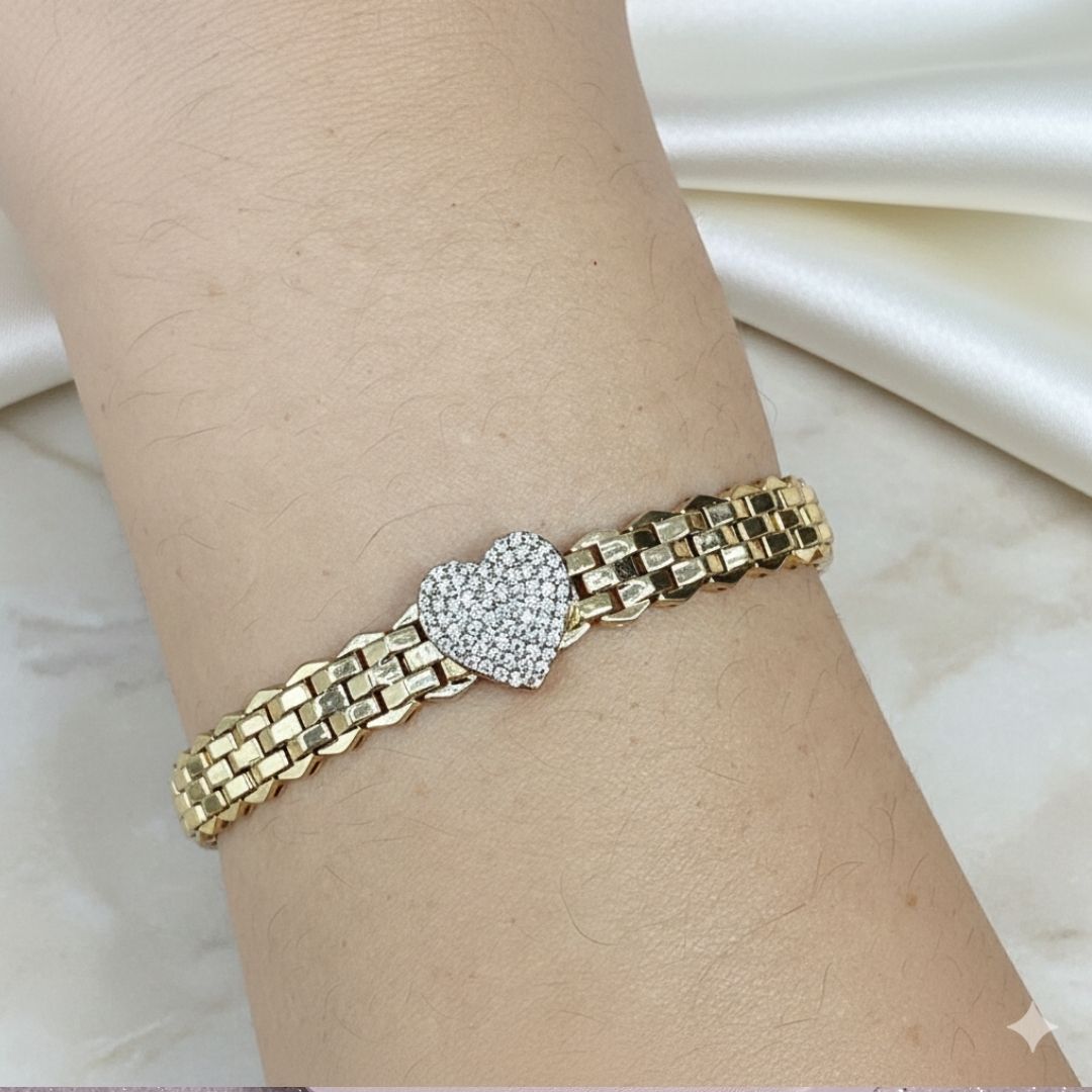 Pulseira elos relógio com coração cravejado