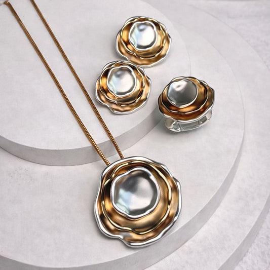 Conjunto ARO 18 Acetinado Brinco, colar e anel nos dois banhos