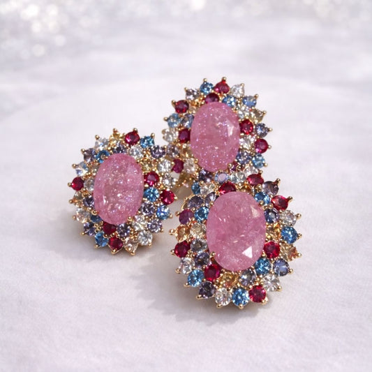 Conjunto Anel aro 18 e Brinco Rosa Oval pedras coloridas em volta