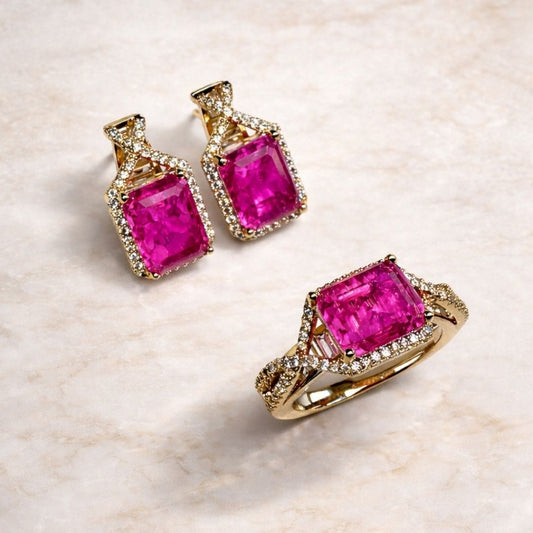 Conjunto Anel e Brinco Pink Retângulo Cravejado