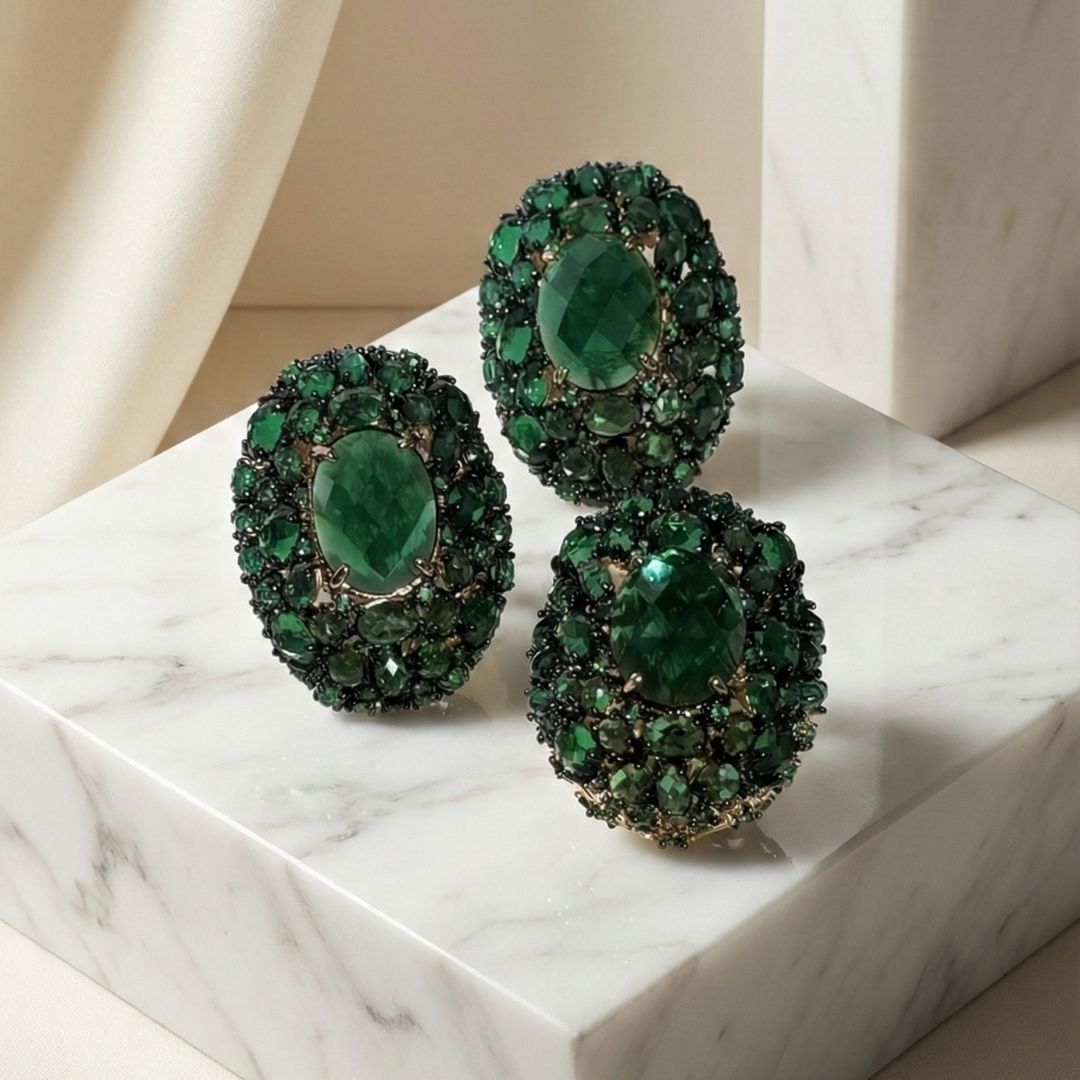 Conjunto Anel 20 e Brinco Esmeralda Grande Luxo