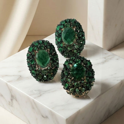 Conjunto Anel 20 e Brinco Esmeralda Grande Luxo