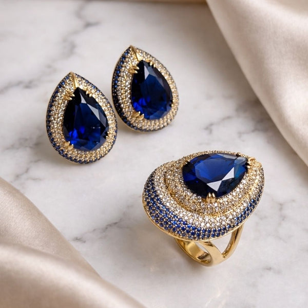 Conjunto anel e Brinco Azul gota cravejado