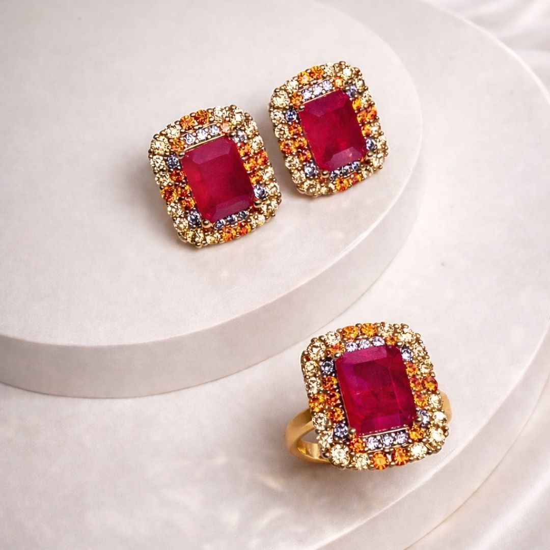 Conjunto Anel Aro 18 e brinco rosa cravejado colorido em volta