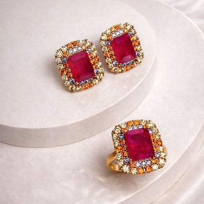 Conjunto Anel Aro 18 e brinco rosa cravejado colorido em volta