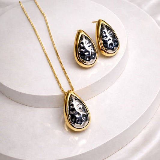 Conjunto brinco e Colar Gota Ouro e Ródio Martelado