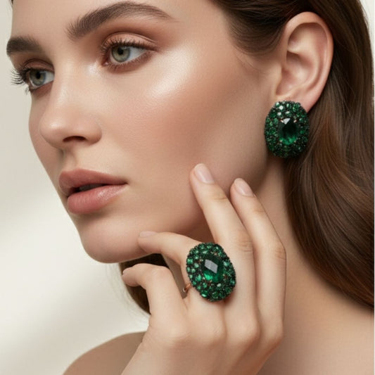 Conjunto Anel 20 e Brinco Esmeralda Grande Luxo