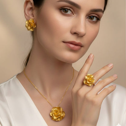 Conjunto de Flor Brinco, colar e anel Aro 24