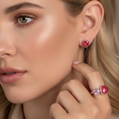 Conjunto de Brinco e Anel Aro 18 de Coração Rosa Cravejado Rosa