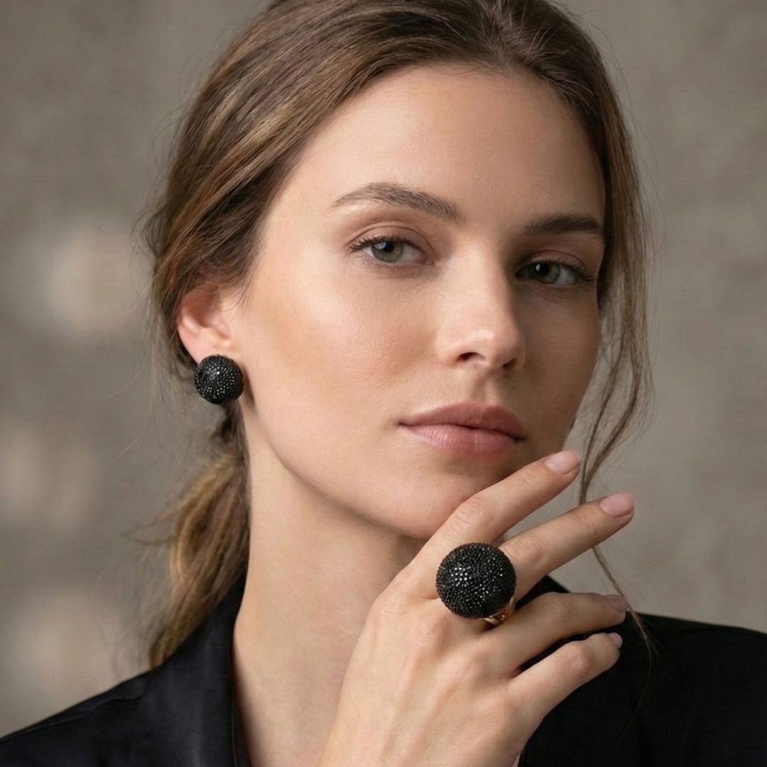 Conjunto Anel Aro 20 e Brinco Preto Redondo