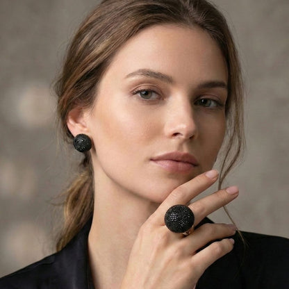 Conjunto Anel Aro 20 e Brinco Preto Redondo