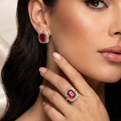 Conjunto Anel Aro 18 e brinco rosa cravejado colorido em volta