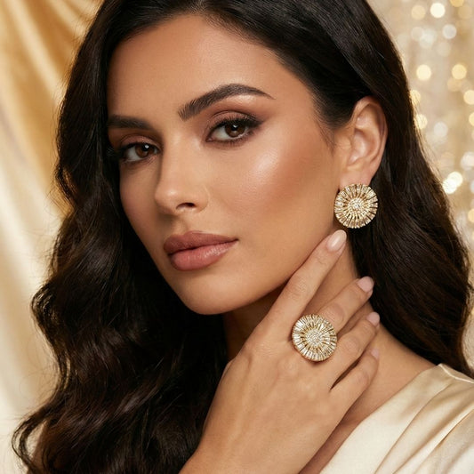 Conjunto Anel 22 e Brinco Flor Baguetes e Cravejadas