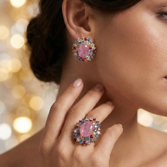 Conjunto Anel aro 18 e Brinco Rosa Oval pedras coloridas em volta