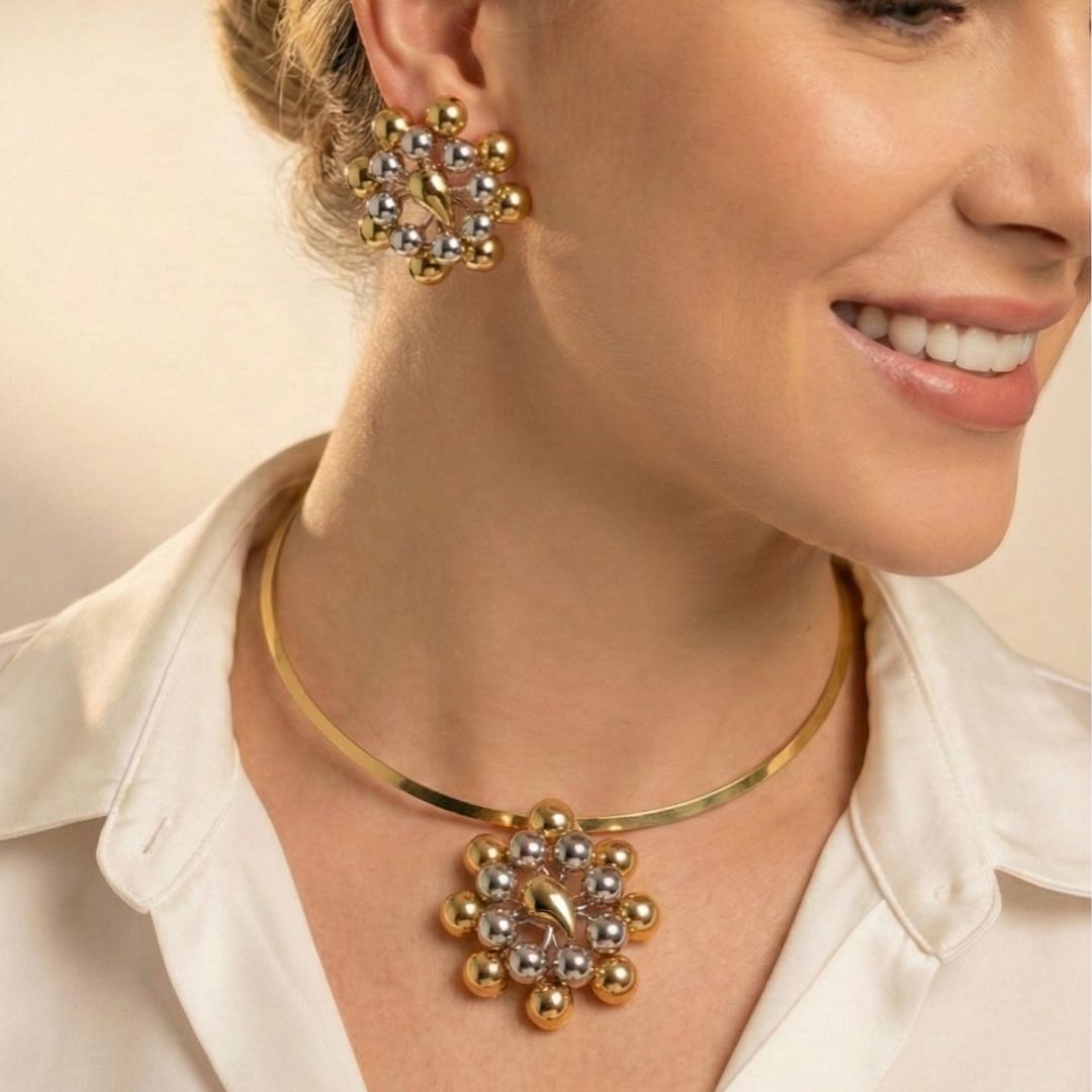 Conjunto Brinco e Aro Flor Ouro 18K e Ródio Branco