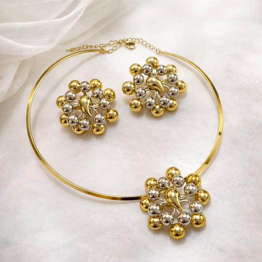 Conjunto Brinco e Aro Flor Ouro 18K e Ródio Branco