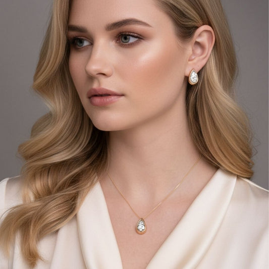 Conjunto brinco e Colar Gota Ouro e Ródio Martelado