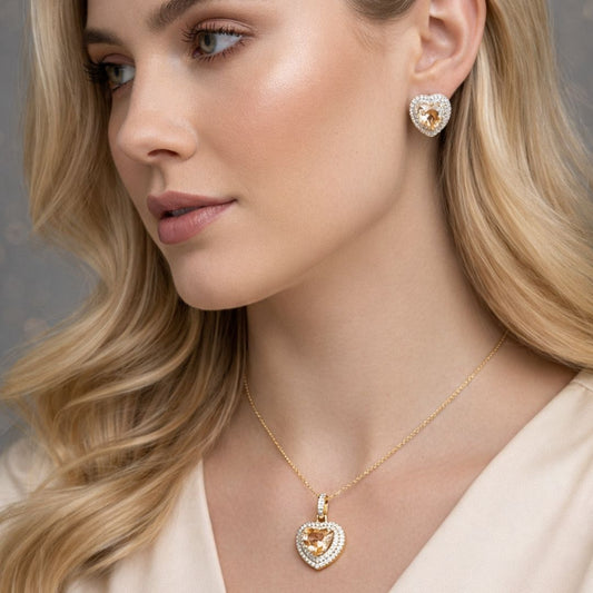 Conjunto Coração Citrino Cravejado em volta