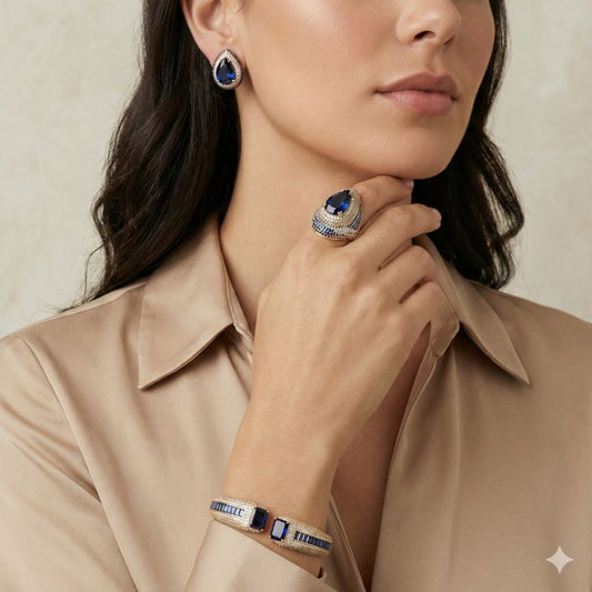 Conjunto anel e Brinco Azul gota cravejado