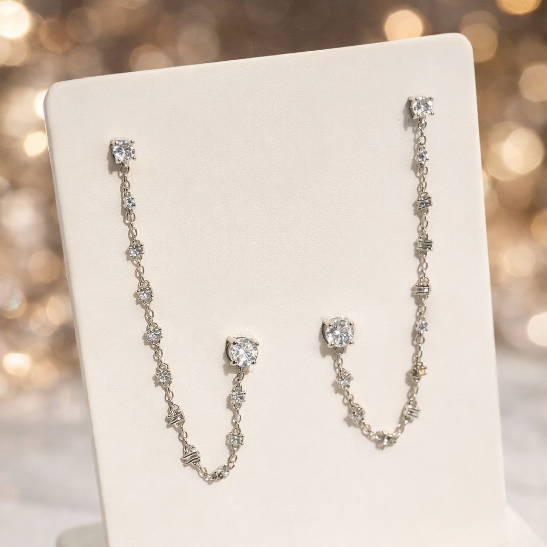 Brinco Duplo Cristal Correntinha