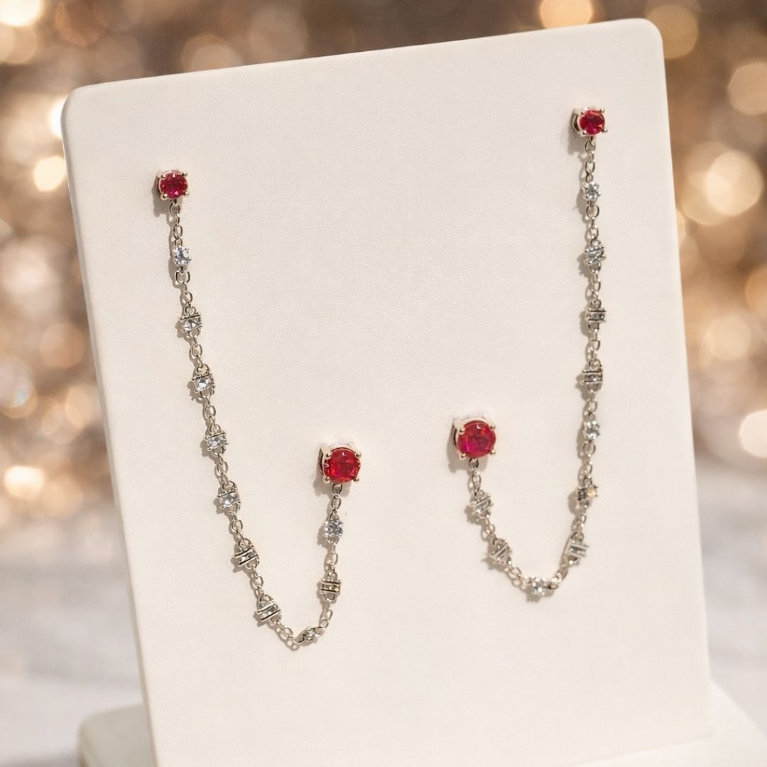 Brinco Duplo Correntinha Cravejado Rosa Pink