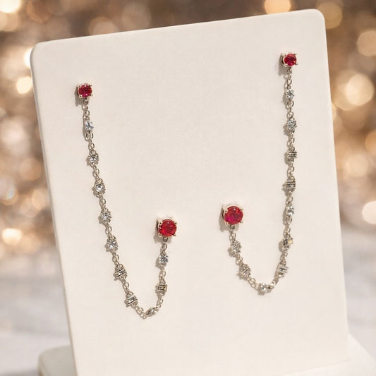 Brinco Duplo Correntinha Cravejado Rosa Pink