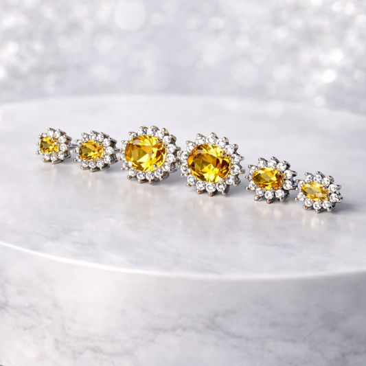 TRIO Oval amarelo diamantado cravejado em volta