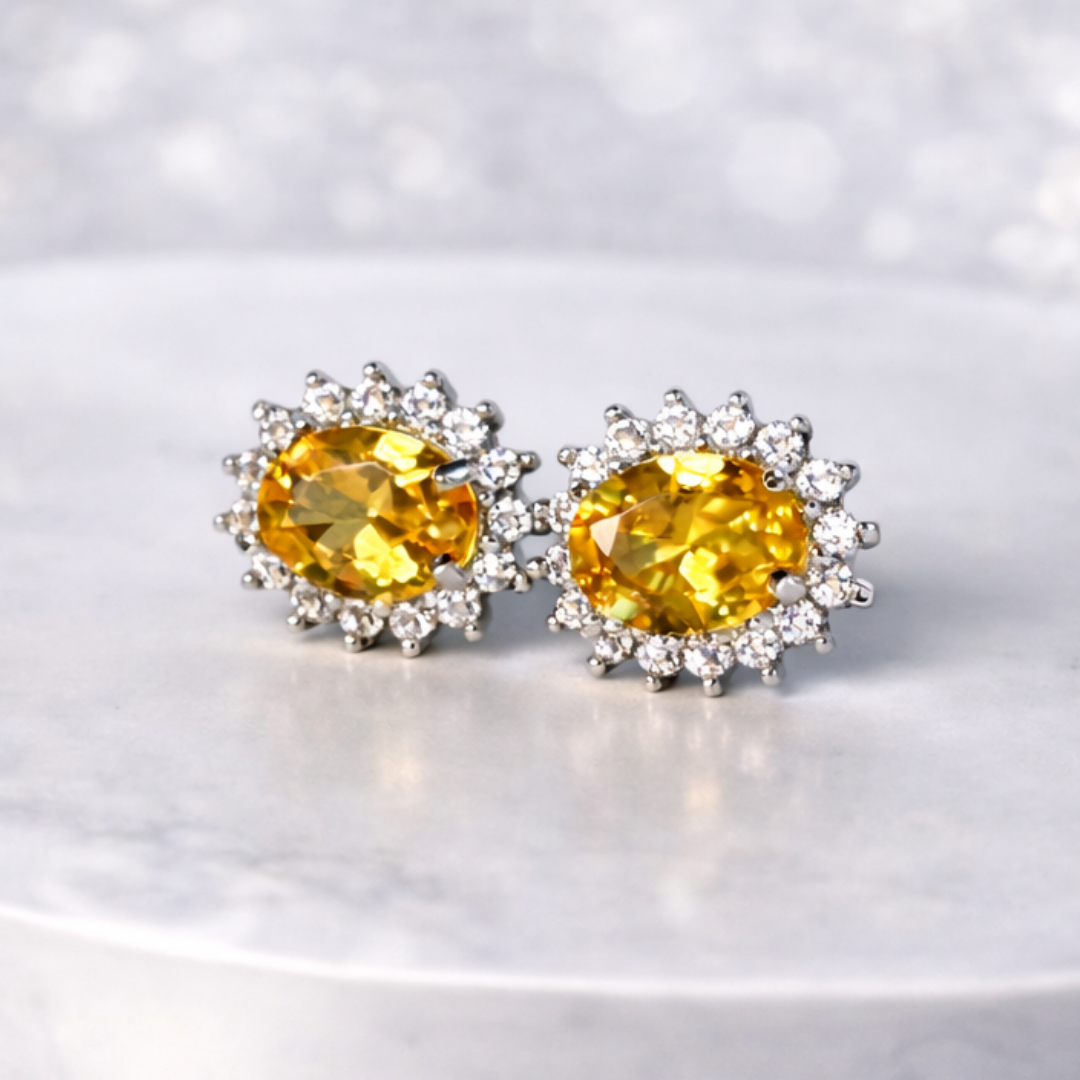 TRIO Oval amarelo diamantado cravejado em volta