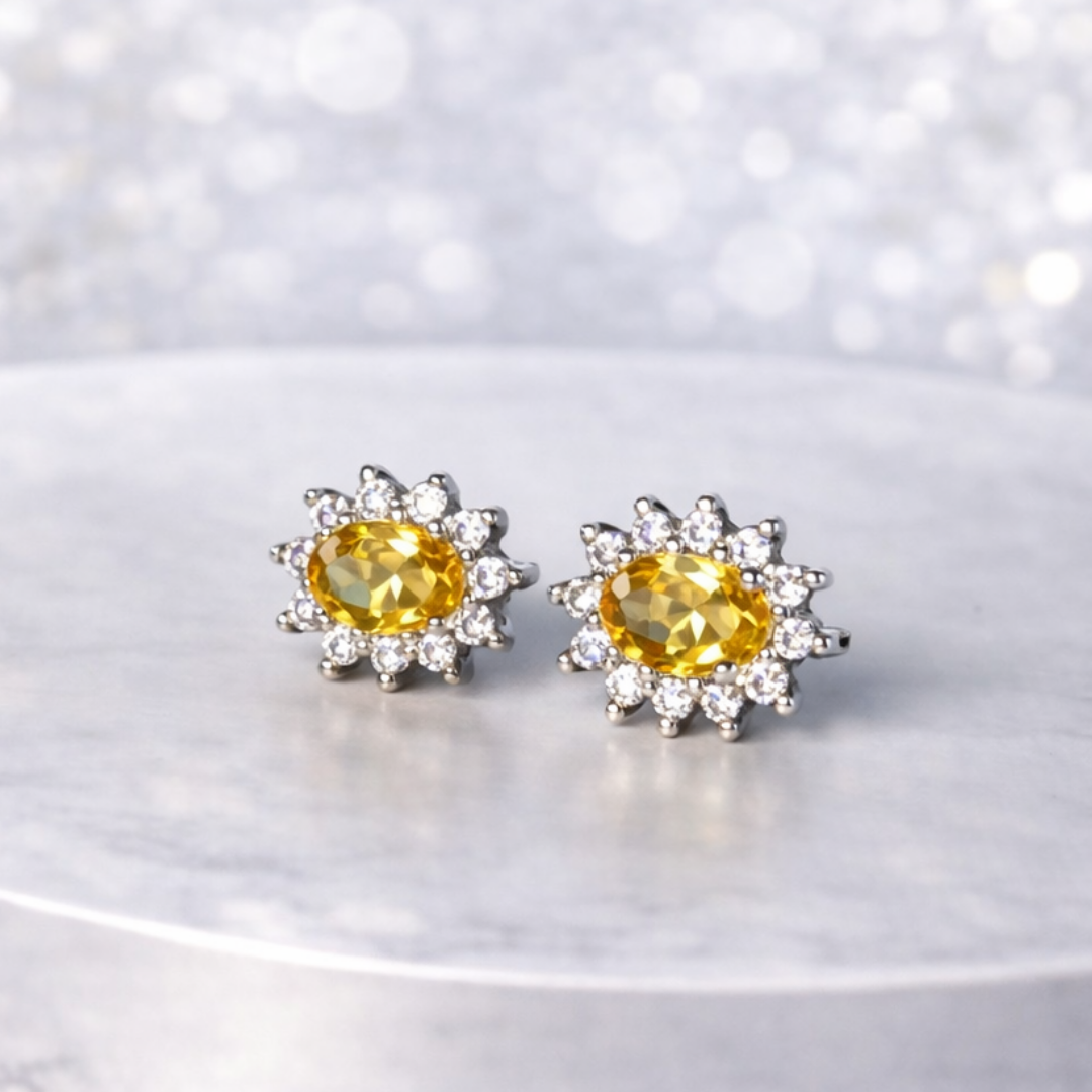 TRIO Oval amarelo diamantado cravejado em volta