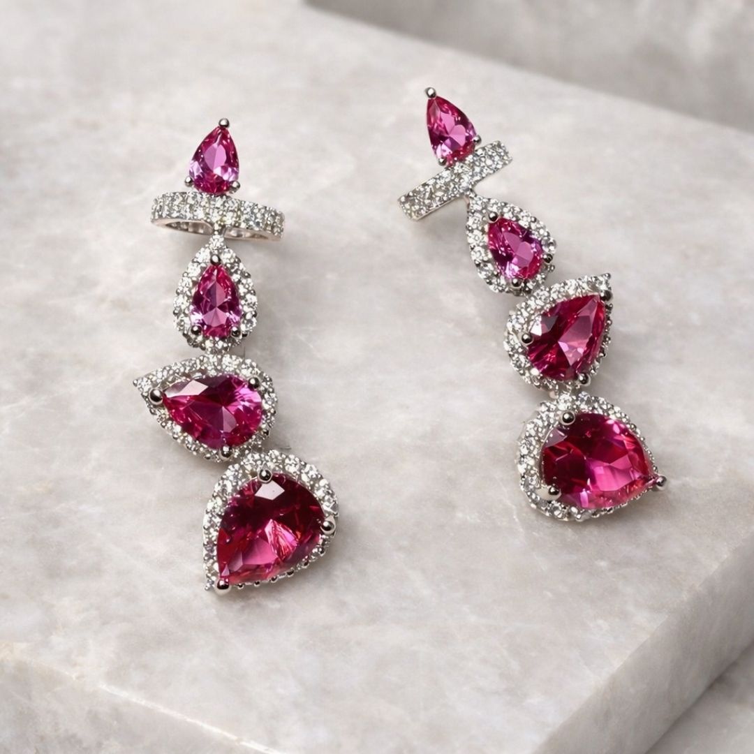 Brinco Earcuff Gotas Pink Cravejado em volta