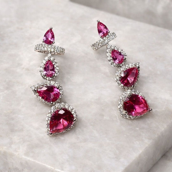 Brinco Earcuff Gotas Pink Cravejado em volta