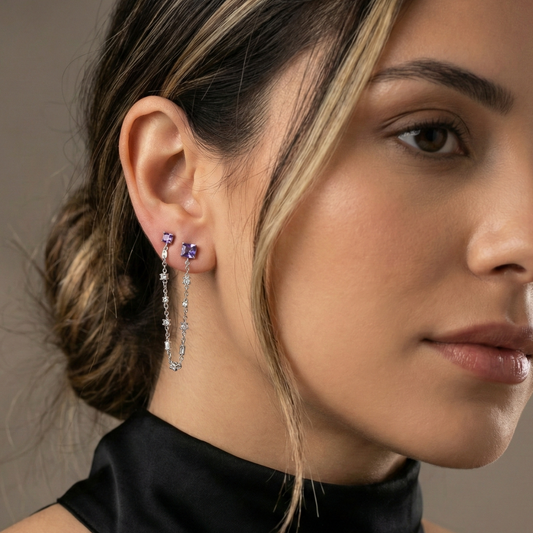 Brinco Duplo Lilás Correntinha